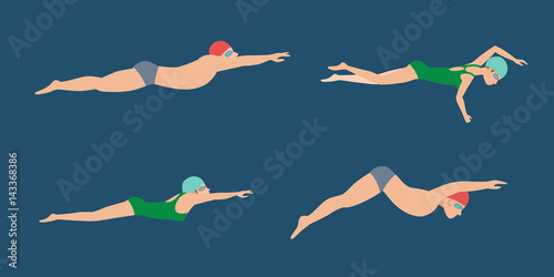 Vector illustration of swimming style scheme different swimmers man and woman in pool sport exercise.