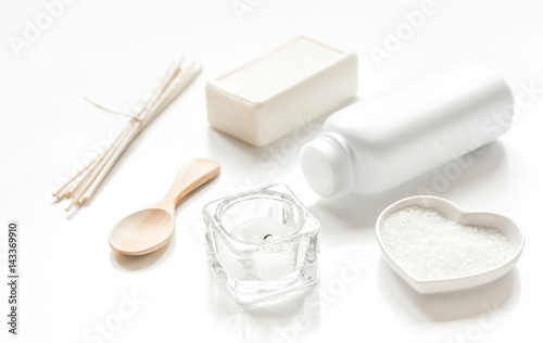 white cosmetic set on desk background