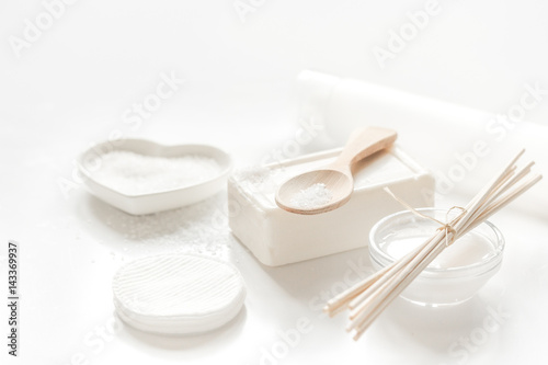 cosmetic set in body care consept on white table background