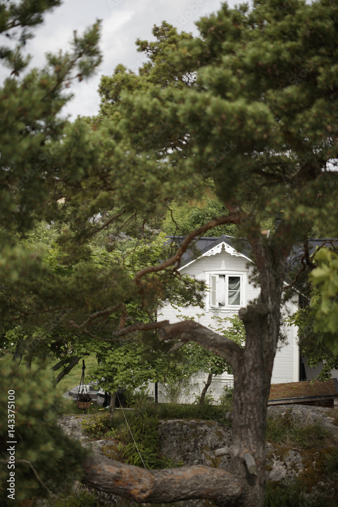 Sweden, Sodermanland, Dalaro, White house hidden behind trees Sweden, Sodermanland, Dalaro, White house hidden behind trees