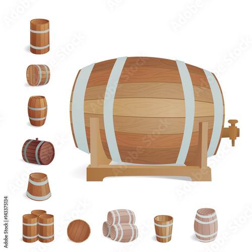 Wooden barrel vintage old style oak storage container and brown isolated retro liquid beverage object fermenting distillery cargo drum lager vector illustration.