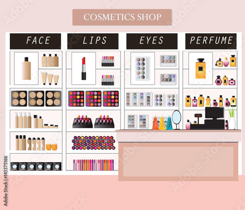 Cosmetics store interior with products on shelves.