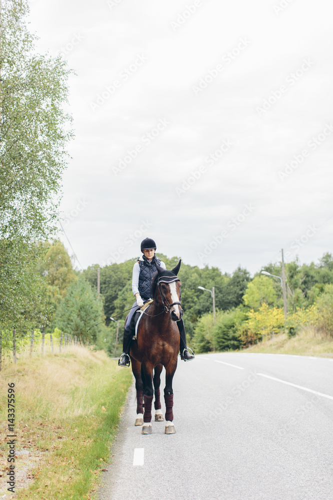 Sweden, Blekinge, Mid adult woman riding horse on road through forest Sweden, Blekinge, Mid adult woman riding horse on road through forest