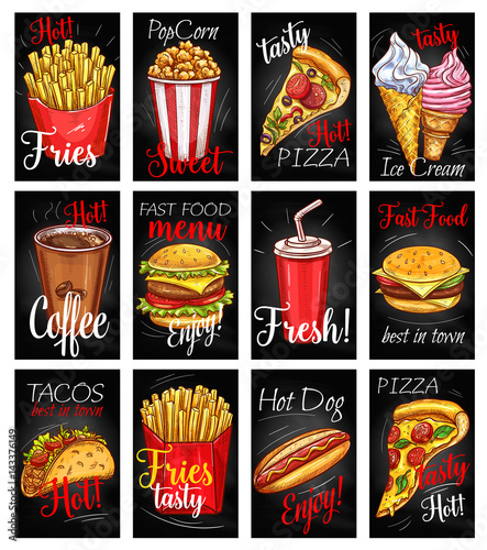 Fast food menu chalkboard poster set