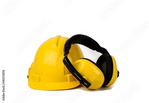 Hard hat and ear muffs isolated
