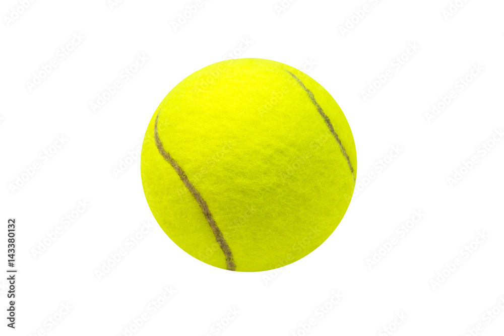 Tennis ball on white background. Isolated tennis ball. Yellow felt ball with brown curve line.
