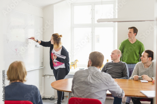 Sweden, Young woman drawing on white board during work meeting
