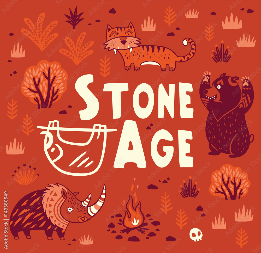 Prehistoric Stone Age vector print in cartoon style