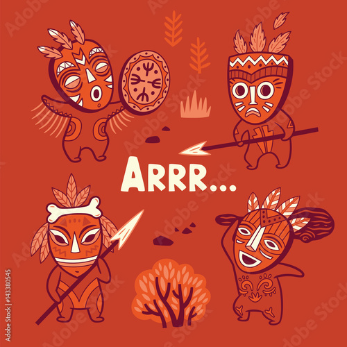 Set of stone age tribe people in masks
