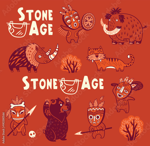 Funny vector set of prehistoric animals and people in masks