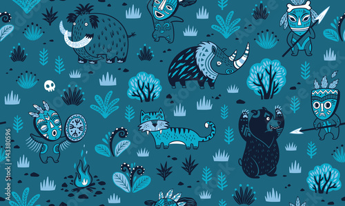 Stone Age vector pattern in blue colors