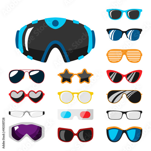 Fashion set sunglasses accessory sun spectacles plastic frame modern eyeglasses vector illustration.