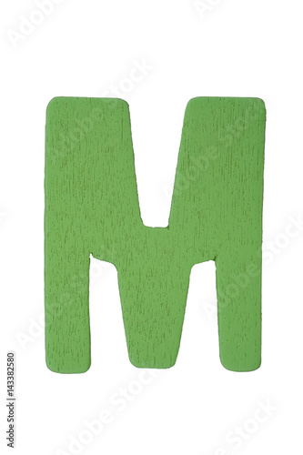 Green wooden letter M isolated on white background with clipping path.