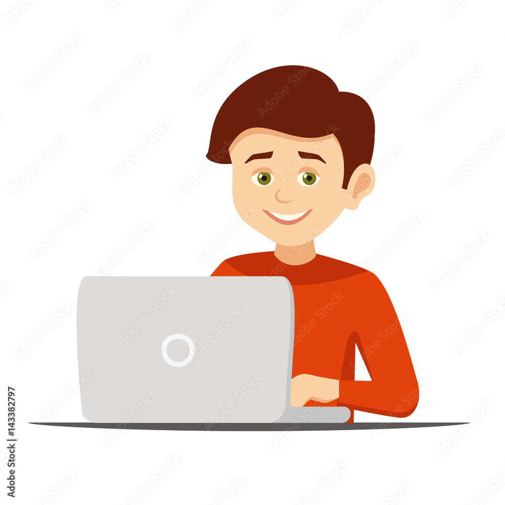 happy boy working with computer vector illustration isolated on white background.Smiling boy Caucasian using laptop at home while sitting the table.Concept of young people work mobile devices. happy boy working with computer vector illustration isolated on white background.Smiling boy Caucasian using laptop at home while sitting the table.Concept of young people work mobile devices.