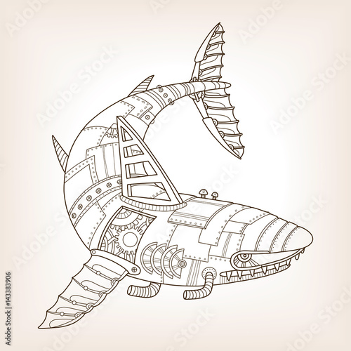 Ancient draft of mechanical shark vector