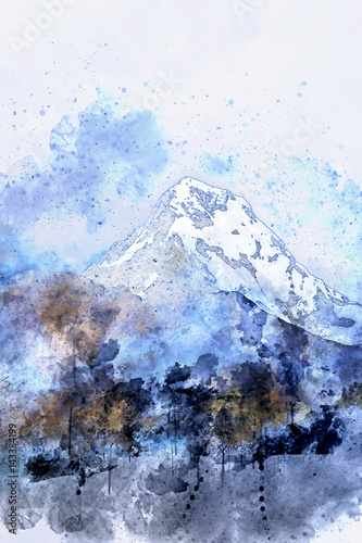 Mountain peak in winter paining in blue shade on white background   digital watercolor painting