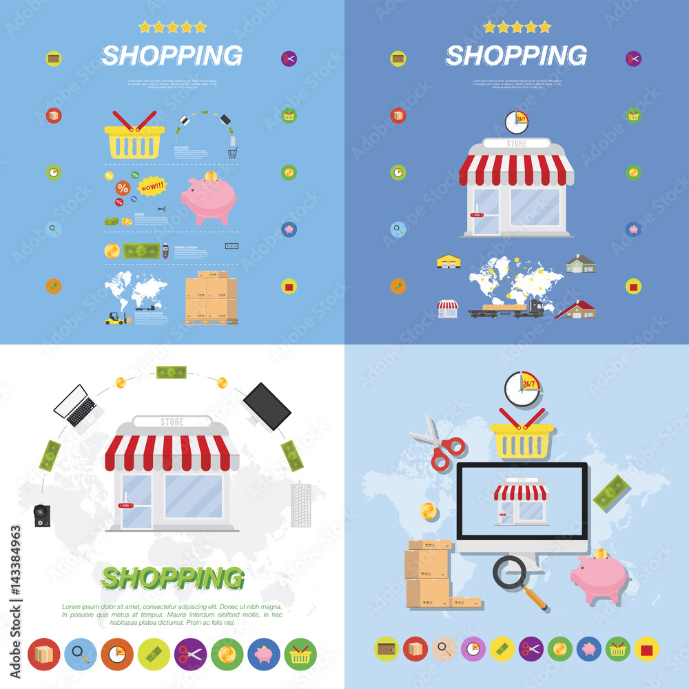 Set of elements on the subject of buying and selling. Market and icons Flat vector illustrations on the theme of shopping.