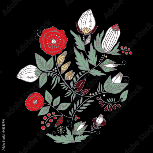 stock vector abstract hand draw flower and wave, doodle bouquet. oriental or arabic, russia art background. template for card. banner