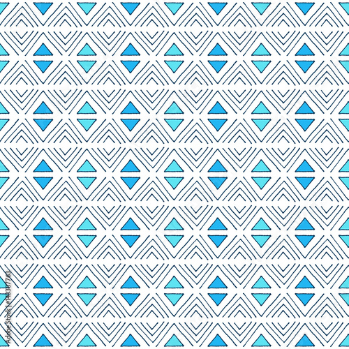 Seamless sketch vector pattern. Blue triangle background. Hand drawn abstract ornament