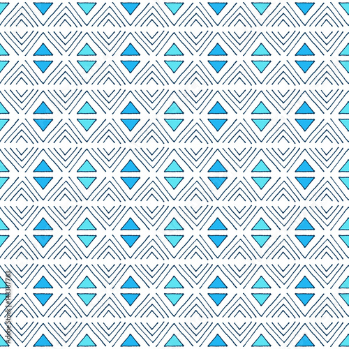 Seamless sketch vector pattern. Blue triangle background. Hand drawn abstract  ornament