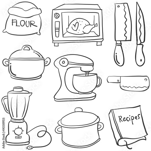 Hand drawn doodle kitchen set. Vector illustration of kitchen equipments  and tools. Baking and cooking Stock Vector | Adobe Stock