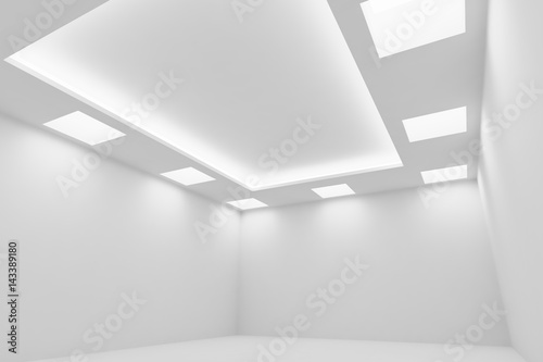 Еmpty white room with square ceiling lights wide diagonal view