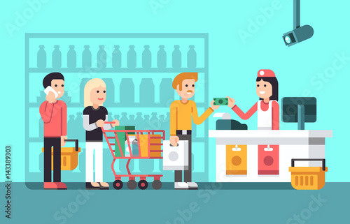 Super market, mall interior with people, saleswoman and store display flat vector illustration