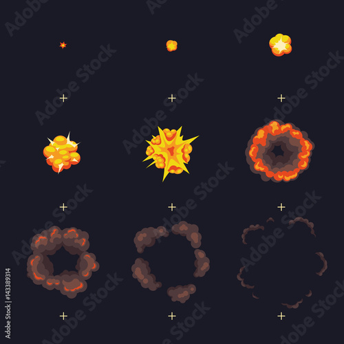 Cartoon disappear explode bomb explosion with smoke cloud vector animation frames