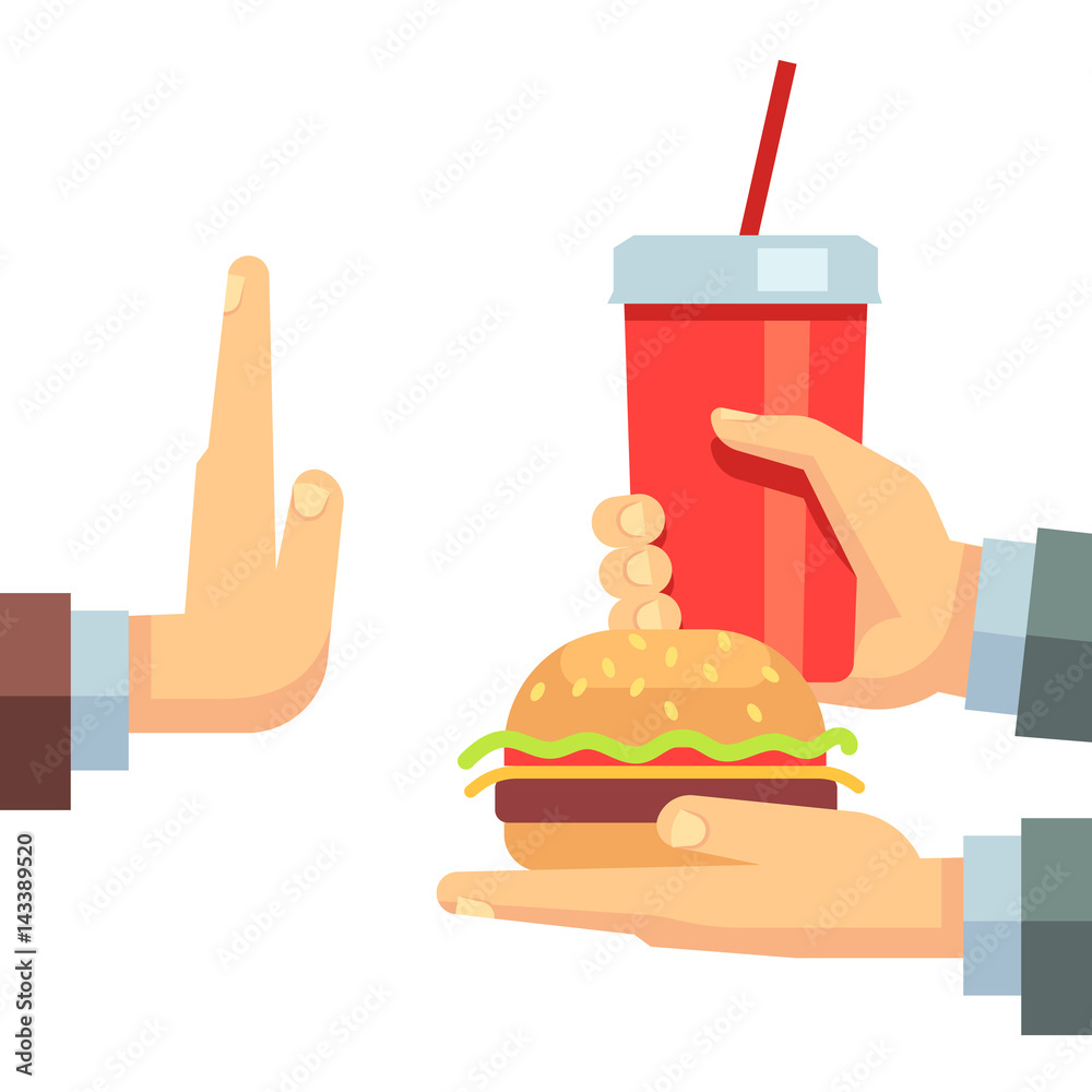 Stop fast food junk snacks vector concept with refusing hand