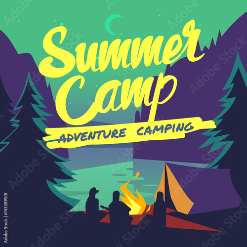 Night forest with moonlight and campfire summer adventure camping vector poster