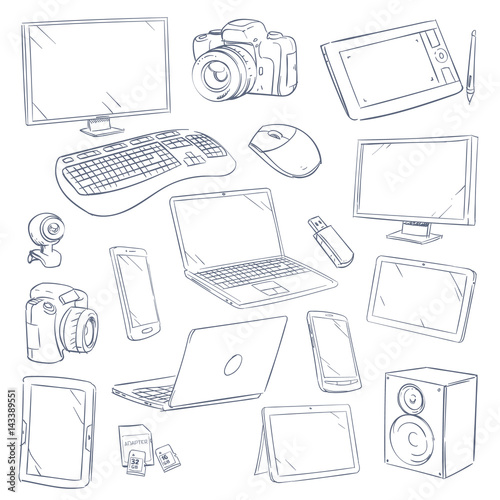 Hand drawn, sketch computer technology gadgets vector set