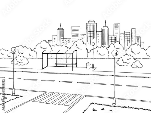 Street road graphic black white landscape sketch illustration vector