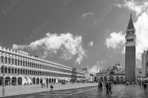Beautiful black and white view of Piazza San Marco square in a moment of tranquility on a sunny summer day, Venice, Italy