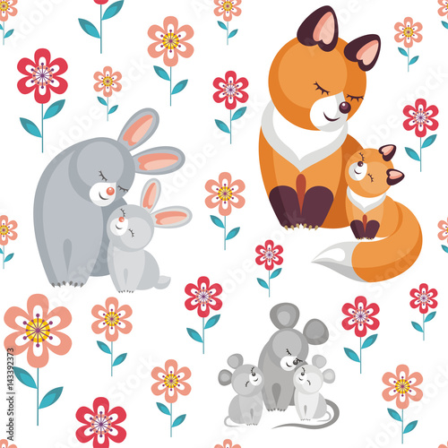 Fototapeta Naklejka Na Ścianę i Meble -  Mother’s day seamless pattern. Children's vector background in cartoon style with the image of cute animals and their cubs.
