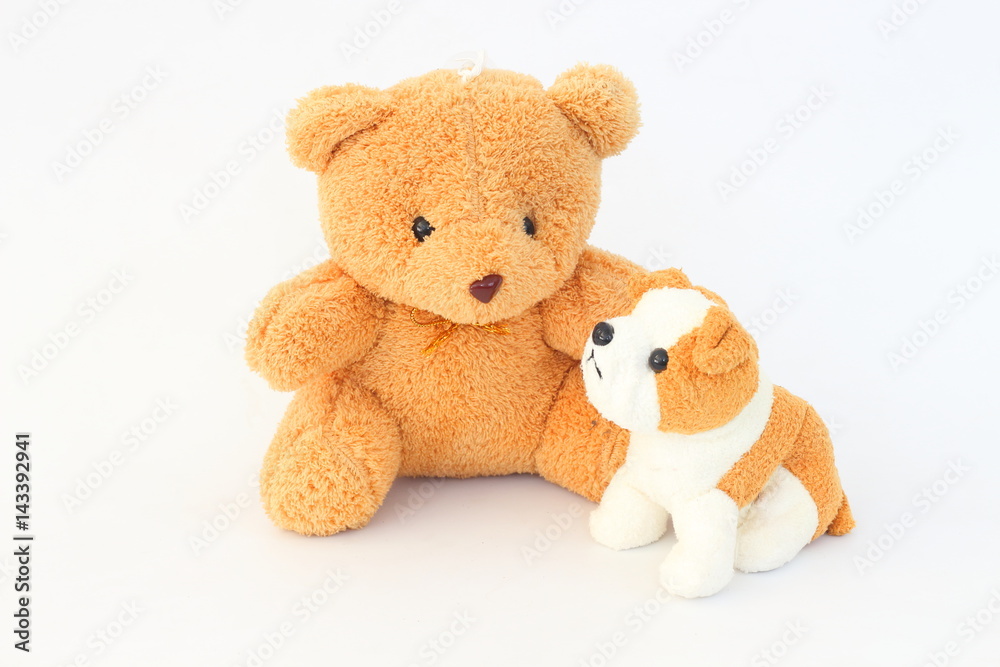 Teddy Bear and brown dog dolls, brown ears on a white background. Teddy Bear and brown dog dolls, brown ears on a white background.