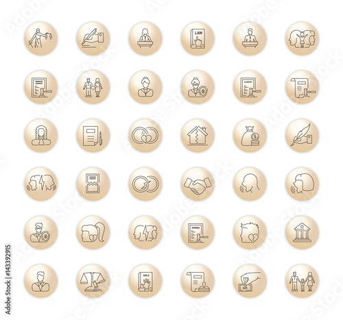 Vector graphic set. Icons in flat, contour,thin, minimal and linear design. Break up. Trial and verdict. Broken family. Simple isolated icons.Concept illustration for Web site app.Sign,symbol,element.