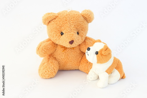 Teddy Bear and brown dog dolls, brown ears on a white background. © Vichit