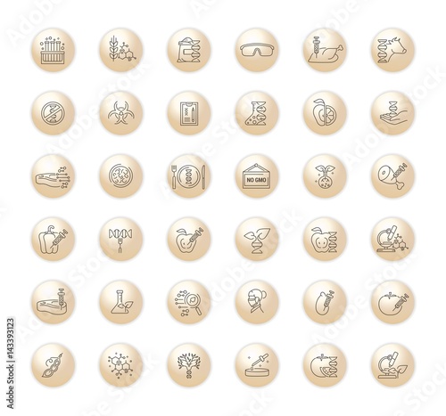 Vector graphic set. Icons in flat, contour, thin, minimal and linear design.Gmo food. Genetically modified food product.Modern technology.Concept illustration for Web site, app.Sign,symbol,element.