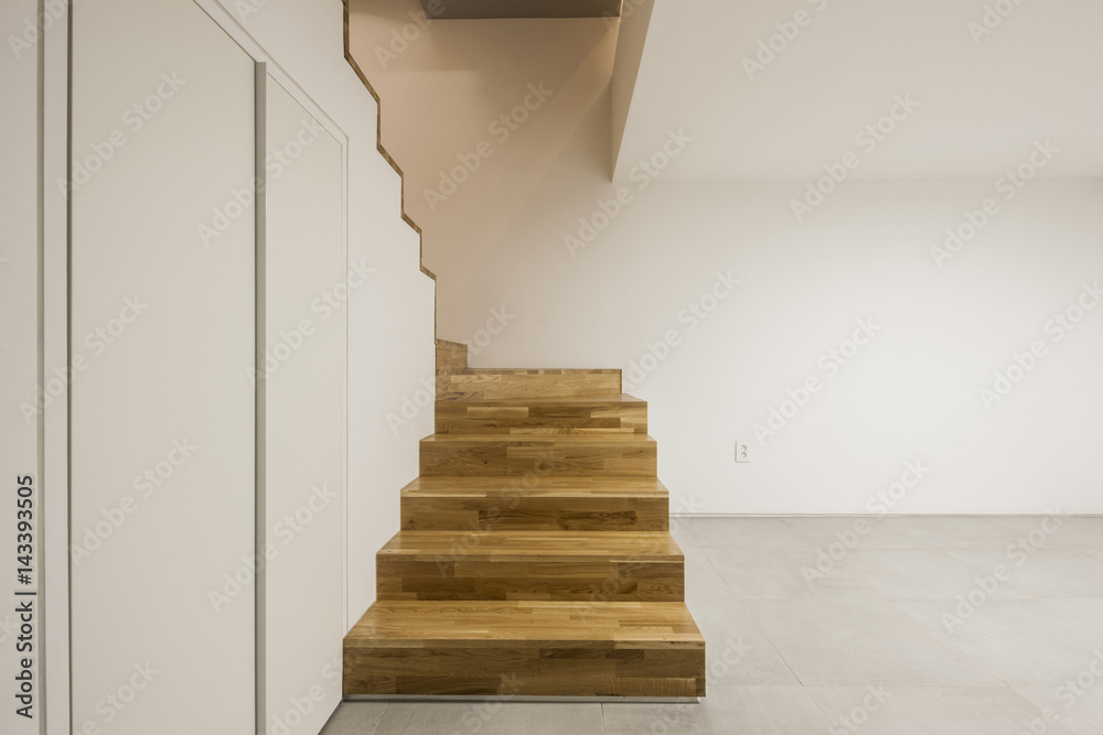White empty room(space) with stair, white wall White empty room(space) with stair, white wall