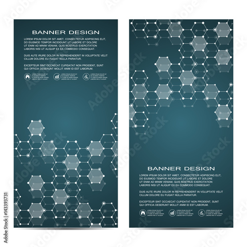 2 of modern vertical scientific banners. Molecular structure of DNA and neurons. Geometric abstract background. Medicine, science, technology, business and website templates. Vector illustration