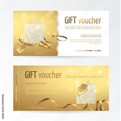 Vector set of gift voucher with paper shopping bag, small bow, ribbons and tags on the shiny gold background. Modern template for holiday certificate, coupon and gift cards.