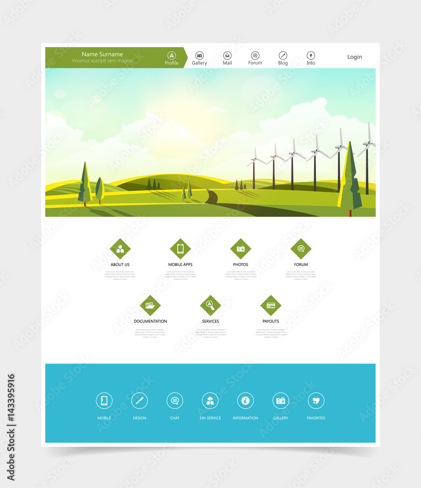 Naklejka premium Website Template and Landscape Header with Wind Turbines.