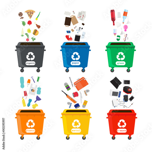  Many garbage cans with sorted garbage. Sorting garbage. Ecology and recycle concept. Trash cans isolated on white background. vector flat illustrations.