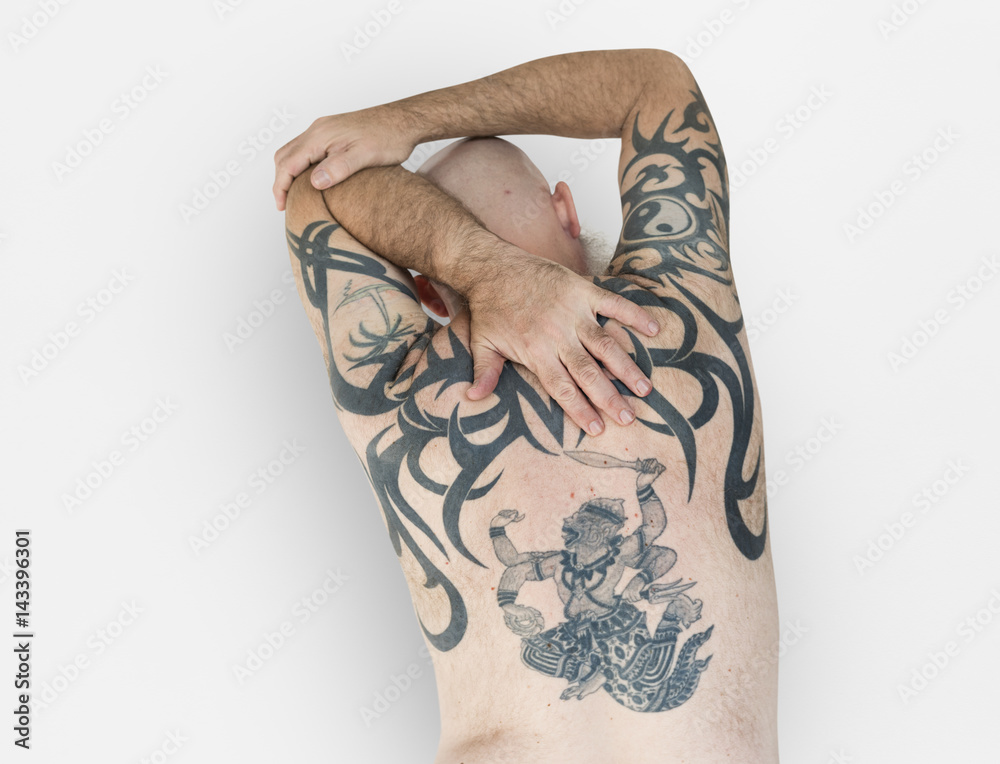 Senior Adult Man Rear View Hanuman Tattoo Spiritual Arts Stock Photo |  Adobe Stock