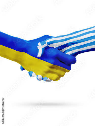 Flags Ukraine, Greece countries, partnership friendship handshake concept.