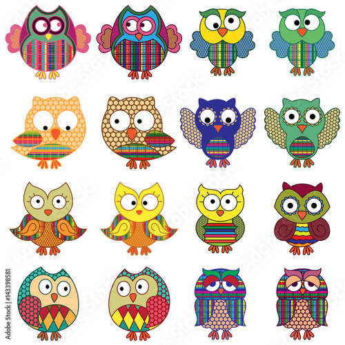 Sixteen cartoon ornate funny owls