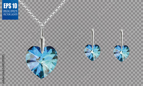 Set. Chain earrings, jewelry. Heart earrings, heart pendant. Beautiful blue stones.