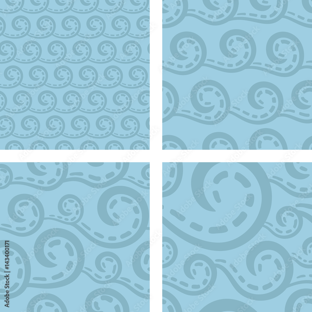 Spiral waves, light blue. Four different seamless pattern vectors made with spiral waves. Spiral waves, light blue. Four different seamless pattern vectors made with spiral waves.