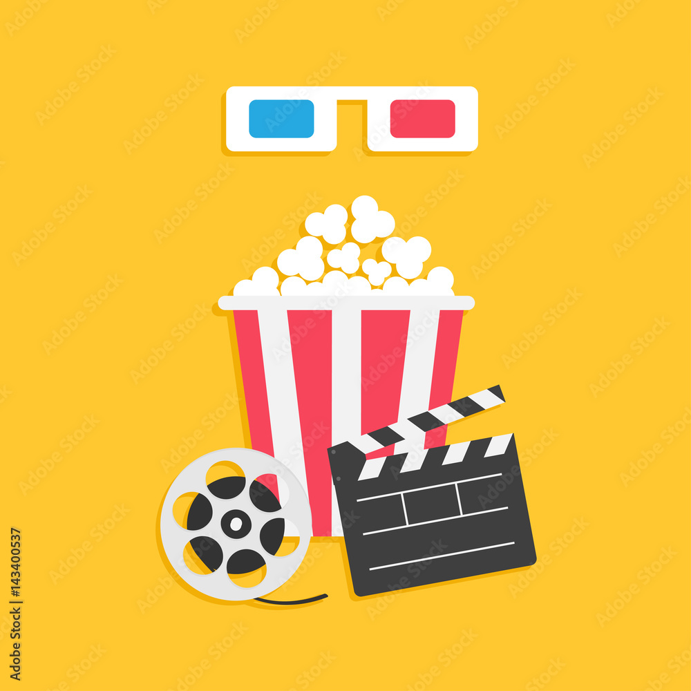 Fototapeta premium 3D paper red blue glasses. Open clapper board Movie reel Popcorn Cinema Movie icon set. Flat design style. Yellow background