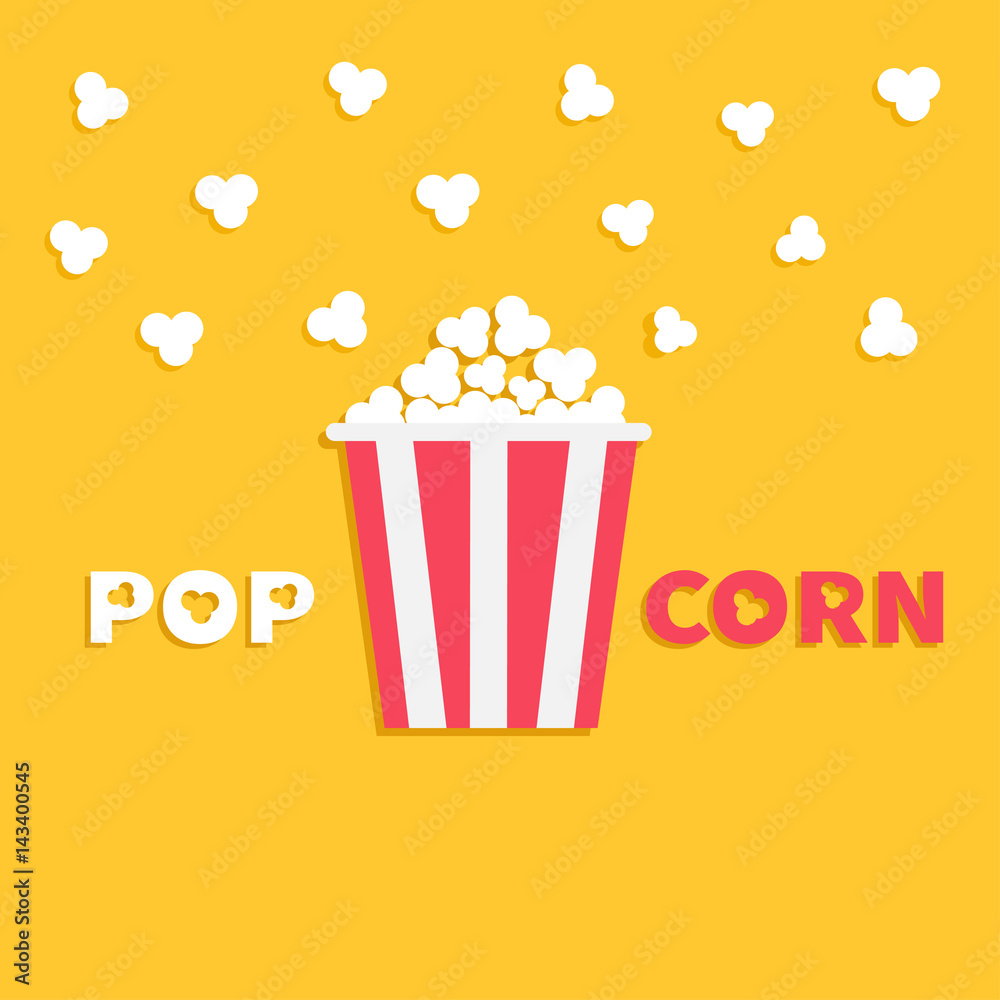 Popcorn popping. Red yellow strip box package. Fast food. Cinema movie night icon in flat design style. Yellow background with text.